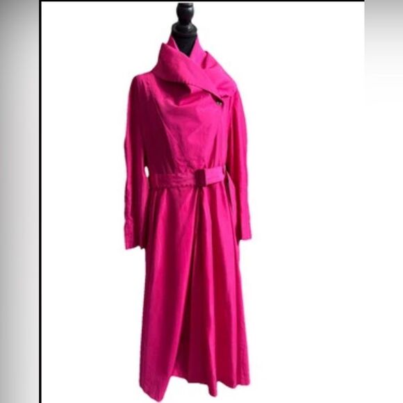 Vintage 1980s fuchsia Barbie pink trench coat convertible collar Belted Size L - Picture 1 of 7